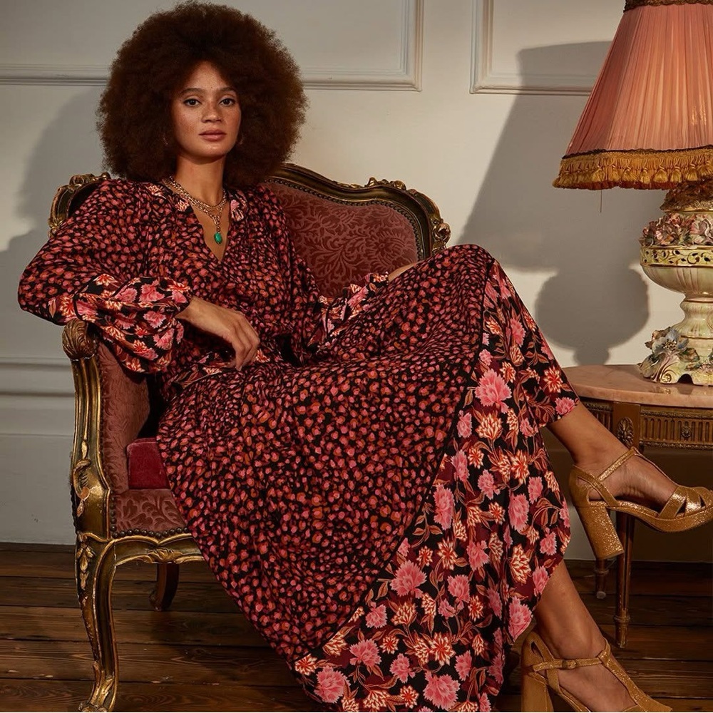 Oliver Bonas black boho cottagecore animal print floral long sleeve maxi size 6